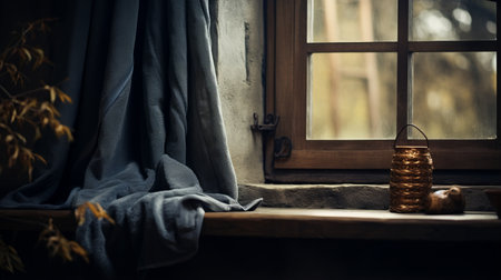 lamps near a wooden window sill in a home depot stock, featuring the artistic style of gabriel pacheco. the flowing fabrics and medieval inspiration create a captivating ambiance. the dark gray color adds a touch of mystery, while the slumped and draped design adds a medieval charm. captured with a tokina at-x 11-16mm f/2.8 pro dx ii lens. ai generatedの素材