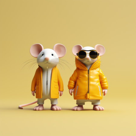 two small mice wearing sunglasses are standing on a table. rendered in cinema4d, this image showcases a hip hop aesthetic with a light orange and yellow color scheme. the minimalist portraits of the mice highlight their detailed costumes, while the depiction of animals adds a touch of childlike simplicity to the overall composition. ai generatedの素材