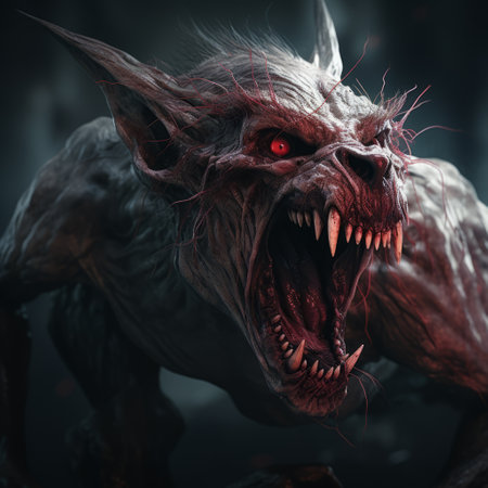 a demon with sharp teeth emerges from the ground in this hyper-detailed and realistic rendering. captured with the zeiss batis 18mm f/2.8 lens, the artwork by clyde caldwell showcases a striking combination of light silver and dark pink tones. the close-up perspective intensifies the dynamic brushwork, creating a captivating and intense image. this artwork embodies the essence of caninecore aesthetics. ai generatedの素材