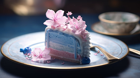 a plate of cake adorned with blue flowers and a blue cake, featuring a light pink and light crimson color scheme. the photo captures the terrain of northern china, showcasing a double tone effect and richly layered composition. taken with a rollei prego 90, the image exudes a sense of rococo decadence and oshare kei style. ai generatedの素材