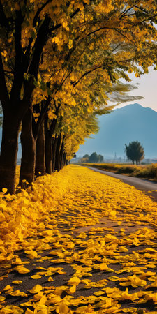 a stunning photo of a dewy gingko boulevard with sunflower trees lining both sides of the road. the golden color of the trees contrasts beautifully with the yellow sunflower biloba covering the ground. in the distance, a mountain can be seen, adding to the picturesque scenery. this real shot captures the sunflower biloba in ultra-high resolution, making every detail clear and vibrant. ai generatedの素材