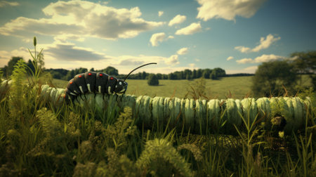 a female caterpillar perched on a haystack, portrayed in a cinema4d-rendered image. the bold landscapes and forestpunk style create an eerie yet captivating visual storytelling experience. the caterpillar, made entirely of insects, appears eerily realistic in this unreal engine-rendered scene. ai generatedの素材