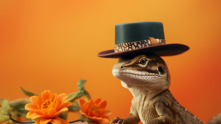 a close-up photo of a lizard wearing a hat on a counter. the lizard is depicted in the style of floral surrealism, with light brown and orange colors. the image is rendered using vray tracing and created with zbrush. the background has a smokey effect, adding to the aurorapunk aesthetic. ai generatedの素材