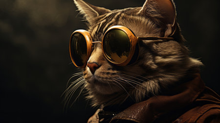 a cat wearing sunglasses with a dieselpunk style, showcasing vray tracing and photo-realistic techniques. the sunglasses are in dark gold and light amber, adding an adventurous touch. the cat exudes a precisionist charm, making it one of the captivating and endearing characters in the photo. ai generatedの素材