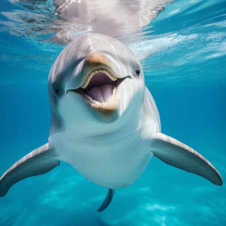 a dolphin smiling underwater, captured in an 8k resolution photograph with a digitally manipulated style. this national geographic photo showcases humorous imagery and hyper-realistic pop. the softbox lighting enhances the details of the dolphin's expression, while the swirling vortexes add a captivating element to the composition. ai generatedの素材