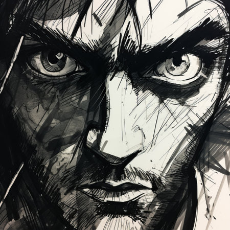 a closeup photo capturing mark's face in darkness, featuring scratchy pen strokes and a blind contour technique. the fisheye perspective adds a unique touch to the stark hatch shaded sketchy scribbly image. the ink creates strong angular shapes with woodcut shading, while the pouty lips and hungry eyes give a minimalist realistic feel. the distorted perspective and anime proportions add an intriguing twist to theの素材