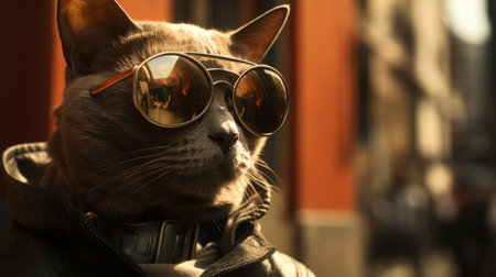 a cat wearing sunglasses confidently poses on a street, showcasing the stunning visual effects of unreal engine 5. this close-up shot, rendered in cinema4d, captures the essence of the dieselpunk aesthetic. with influences from alan bean and steelpunk, this photo exhibits photo-realistic techniques that bring the feline's coolness to life. ai generatedの素材