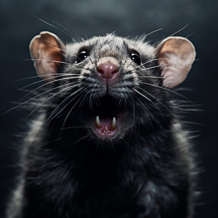 a rat with its mouth open, captured in a lensbaby effect, is showcased on a black background. the vray tracing enhances the details of its strong facial expression. the dark gray tones add depth to the image, while the 8k resolution ensures stunning clarity. this photograph by matthias haker portrays one of nature's charming characters. ai generatedの素材