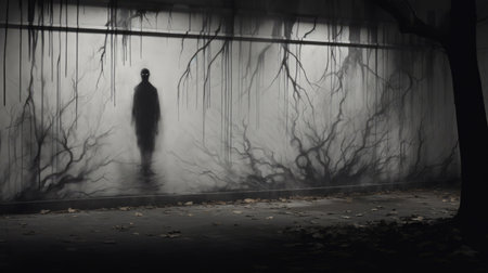 a creepy street art painting in black and white featuring a mark shouting, with shadows on the wall. this artwork evokes a feeling of loneliness and is reminiscent of a real pencil sketch on paper. ai generatedの素材