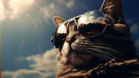 a tabby cat wearing sunglasses poses in front of the sun, creating a photorealistic fantasy scene. this high-definition image, created using vray tracing techniques by caras ionut, showcases the cat against a backdrop of realistic blue skies. the close-up shot captures the intricate details of the cat's expression, adding to the charm of this grandparentcore-inspired photograph. ai generatedの素材