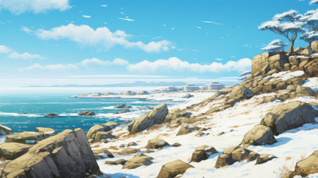coastline stretching across plains with leafless trees, bathed in sunlight and light snow flurries. studio ghibli-inspired details capture the enchanting beauty of this moderately sunny day. 16:9 aspect ratio adds a cinematic touch to this captivating scene. ai generatedの素材