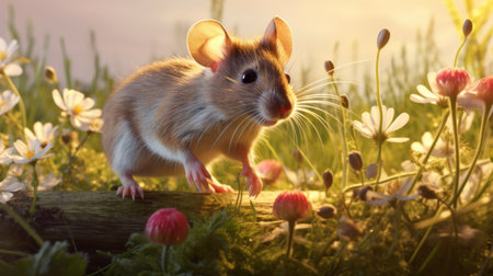 a brown mouse stands beside a tree stump surrounded by vibrant flowers in this photo. the image showcases the use of vray tracing and backlit photography techniques by dima dmitriev, resulting in a photo-realistic and colorful composition. the motion blur panorama adds a dynamic touch to the close-up shot, making the cute mouse even more captivating. ai generatedの素材