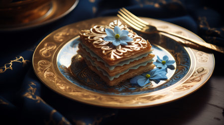 the plate features two delectable small cakes, beautifully captured with the tokina opera 50mm f14 ff lens. the cakes are adorned with a stunning combination of light indigo and gold, creating a visually appealing and luxurious aesthetic. the photo showcases layered compositions and a soft focus romanticism, reminiscent of baroque compositions. this captivating image was taken with the nikon d750 camera, utilizing vray tracing forの素材