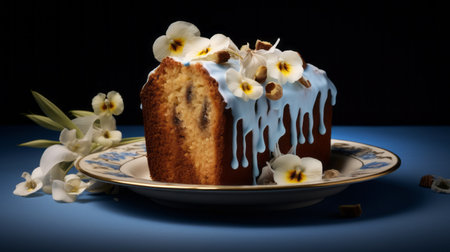 a white bun with blue icing is placed on a plate, creating a visually striking image reminiscent of digitally manipulated art. this unique composition combines elements of tropical baroque and flower power aesthetics. the photo was captured using a nikon d750 camera, inspired by the iconic style of jc leyendecker. the result is a visually captivating image that showcases the artistry of food presentation. aiの素材