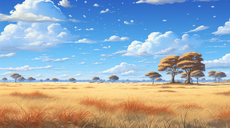 a cartoon depiction of fields with trees, inspired by anime art style. the image showcases realistic blue skies, with a touch of light gold and light crimson hues. the artwork combines a realistic yet romantic atmosphere, achieved through high-contrast shading and varied brushwork techniques. the grandeur of scale adds to the overall appeal of this captivating illustration. ai generatedの素材