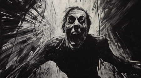 a printmaking of a creepy joy painting in black and white featuring a daniel shouting, with haunting shadows on the wall. this artwork evokes a profound sense of loneliness, resembling a realistic pencil sketch on paper. ai generatedの素材