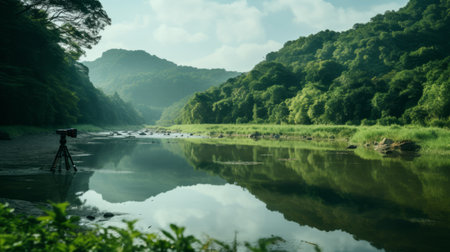 the photo captures the serene beauty of wolding river in korea, showcasing the stunning reflections and mirroring effect. with nature-inspired motifs and shades of light green and green, this 32k uhd image was captured using a nikon f2 camera. the eye-catching composition and professional photography skills make this photo a true masterpiece, perfect for any manapunk or nature enthusiast. (keywords: wolding river korea, reflections, mirroring,の素材