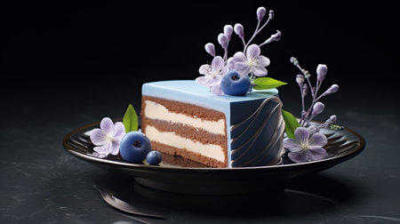 a piece of cheesecake sits on a black plate adorned with vibrant flowers in shades of light violet and azure. this hyperrealistic rendering, captured with a hasselblad h6d-400c camera, showcases flowing silhouettes and elaborate fruit arrangements. the image is a feast for the eyes, with layers of texture that add to its visual appeal. ai generatedの素材