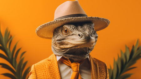 a wild bear stands confidently, adorned in a unique ensemble of suits, hat, and turban. the bold saturation of colors, including light silver and dark orange, adds a vibrant touch to this dragon art-inspired image. captured in uhd quality, the bear's stylish costume design reflects the post-70s ego generation. this captivating photograph was taken with a fujifilm x-t4 camera. ai generatedの素材