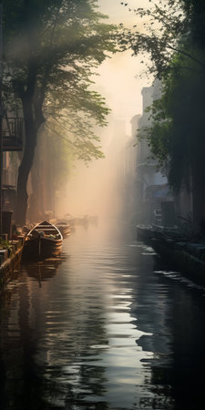 fog over the city, captured in the style of traditional japanese artistic techniques, reminiscent of venetian scenes. sunrays gently shine upon the mist, creating a captivating atmosphere. this national geographic photo beautifully combines elements of the ming dynasty era with sparkling water reflections. a high-quality image that showcases the enchanting beauty of nature. ai generatedの素材