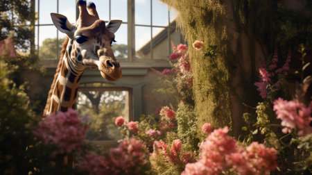 a majestic giraffe gracefully stands amidst a vibrant indoor garden, adorned with blooming flowers. this stunning scene, created in the style of unreal engine 5, showcases atmospheric effects and cinematic stills. the dutch landscape-inspired setting, enhanced by calculated ray tracing, transports viewers to the beauty of australian landscapes. ai generatedの素材