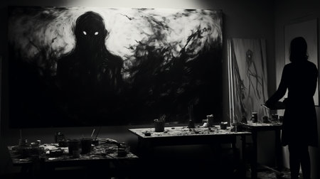 a woman stands in front of her dark and spooky themed paintings, creating an eerie atmosphere. the black and white portrait captures the artist's lovecraftian style, with large canvases and heavy use of palette knives. luminous shadows add depth to the artwork, while the tabletop photography showcases the artist's installation creations. ai generatedの素材