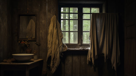 a towel stand, made of natural fibers, is seen behind a window of an abandoned house. the photo, captured in 8k resolution, showcases a shallow depth of field, highlighting the dark gray and bronze tones. with elements of goblincore and forestpunk, this authentic depiction captures the essence of an intriguing and mysterious atmosphere. ai generatedの素材