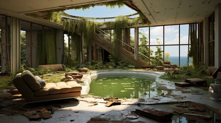 abandoned living room with pool hint, depicting rock takeover, large skylight, massive windows like a greenhouse. side view reveals cracked water feature. ai generatedの素材