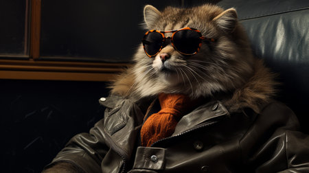 a stylish black and brown cat wearing sunglasses and a tie, captured in a bold fashion photography style. the dark orange and gray tones add a touch of sophistication to the image. this digitally enhanced photo, created by marcin sobas and anton fadeev using daz3d, showcases the unique creativity of the artists. ai generatedの素材