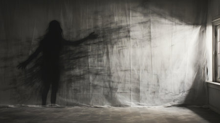 a person sits in front of a window, surrounded by ghostly forms and flowing draperies. the room is filled with shadows, creating a dark and spooky atmosphere. the smokey background adds to the eerie ambiance. the life-sized installations and dynamic mark making enhance the dramatic movement of the scene. ai generatedの素材