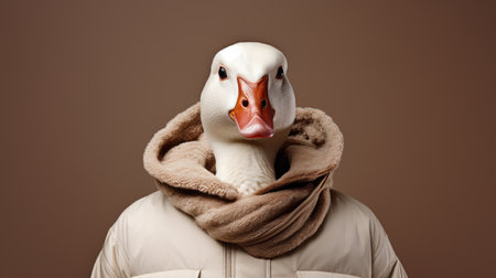 a duck wearing a scarf is captured in a bold fashion photography style on a brown background. the image showcases elements of normcore, with a light beige and white color palette. visual puns are incorporated, along with infrared effects. the photograph features both animals and people, highlighting a strong facial expression. ai generatedの素材