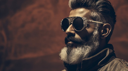 bald person with a grey moustache and black shades, showcasing a golden age aesthetic in indian pop culture. the troubadour style is captured in this vintage sepia-toned photograph, highlighting the mastery of metalworking. the image is presented in stunning 8k resolution, exuding a jazzy and fashionable flair. ai generatedの素材