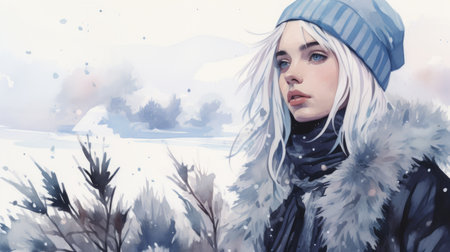 a girl with long hair stands in the snow, depicted in atmospheric color washes. the drawing, inspired by the style of loish, features a dark sky-blue and light gray palette. the vibrant illustrations showcase anime-inspired characters, resembling oil paintings in their detailed and captivating illustration. ai generatedの素材