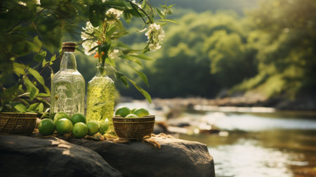 a bottle of liquor rests in a basket filled with fruits, placed delicately over a serene river. the photo showcases a nature-inspired composition with a color palette of light silver and light green. the soft-focus technique adds a dreamy touch to the image. the scenery resembles the terrain of northern china, while the eastern orthodox icons add a cultural element. the photo was captured usingの素材