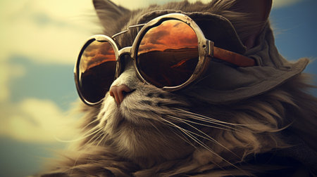 a groovy landscape photo featuring a birman cat wearing sunglasses, inspired by the dieselpunk style. this animated gif captures the essence of creativity and is available under the creative commons attribution license. the image showcases a unique combination of gray and bronze tones, reminiscent of the artistic style of shuzo oshimi. ai generatedの素材