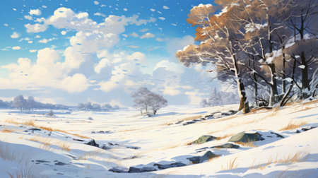 a vast expanse of tundra stretches across the plains, resembling a scene from a studio ghibli film. on this moderately sunny day, light snow flurries dance in the air, creating a magical atmosphere. the sun's rays illuminate the glistening snow, while leafless trees add a touch of stark beauty to the landscape. ai generatedの素材