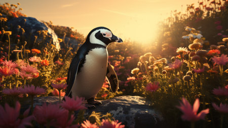 a penguin sitting in a flower field, rendered in the style of unreal engine 5. the backlight adds a touch of romance to the hyper-detailed and realistic rendering. this beautiful image captures the essence of adventure with its sheet film aesthetic. ai generatedの素材