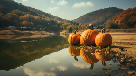 a mesmerizing photo of the wolding river in korea and hancheongnam, showcasing the beauty of nature through reflections and mirroring. the image captures the essence of the season with its pumpkin spice hues and nature-inspired motifs. shot with a nikon f2 camera, this professional photograph in 32k uhd resolution features an eye-catching composition that is sure to captivate viewers. perfect for manapunk enthusiasts and availableの素材