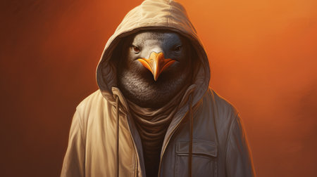 a bird wearing a polka dot hood is depicted in this realistic hyper-detailed rendering. the bird's feathers are a combination of dark silver and light orange, creating an inventive character design. the portrait is skillfully painted with a realistic touch, capturing the essence of street life scenes. this image embodies the warmcore and pigeoncore aesthetics. ai generatedの素材