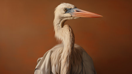 a white bird, portrayed in a hyperrealistic style, stands with its beak in this detailed character illustration. the bird's light orange and dark beige feathers are meticulously rendered, showcasing the artist's skill in hyperrealistic portraiture. this artwork, created using zbrush, combines elements of historical painting, kimoicore, hyperrealistic murals, and detailed character illustrations. ai generatedの素材