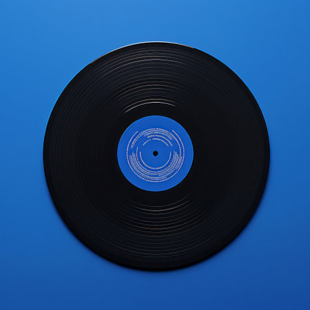 a vinyl record placed on a clear blue surface, showcasing minimal retouching. this stunning image, created using cinema4d, features simple shapes and is reminiscent of the kodak vision3 aesthetic. with influences from flickr, sovietwave, and relief, this photo captures the essence of vintage charm and artistic expression. ai generatedの素材