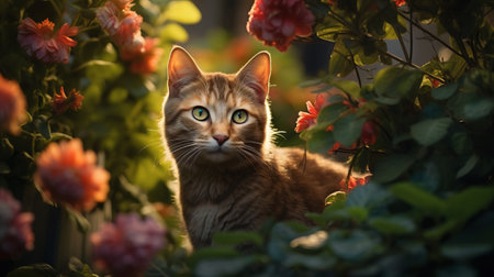 a cat stands gracefully amidst a vibrant display of pink flowers. this photo captures the essence of nature's beauty with its photo-realistic techniques and soft, romantic scenes. the dark amber and green hues create a captivating atmosphere, while the red and amber accents add depth to the composition. this environmental portraiture showcases the feline's elegance in a caninecore setting. ai generatedの素材