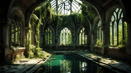 abandoned attic with pool hint, depicting cave-like space taken over by a large skylight and massive windows resembling a greenhouse. side view reveals cracked stone. ai generatedの素材