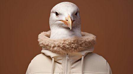 a bird's head is captured in a photograph, adorned with a furry jacket. the image showcases minimal retouching and precise nautical details. the bird's jacket is light brown and white, adding to its unique style. the photograph is ultra-detailed, reflecting the influence of the helsinki school. it also incorporates celebrity and pop culture references, creating a captivating visual narrative. ai generatedの素材