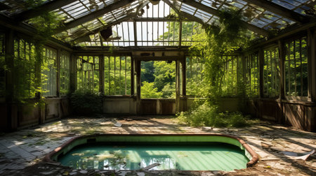 abandoned screened-in porch with pool, overgrown with flowers, features a large skylight and massive windows resembling a greenhouse. from the side view, cracks can be seen on the gazebo. ai generatedの素材