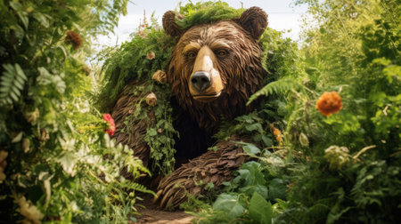 a gold medal award bear is showcased amidst a vibrant display of plants and flowers, reminiscent of life-sized installations. this captivating photograph draws inspiration from the works of ivan shishkin, eric carle, and traditional british landscapes. the lush green and brown hues create a harmonious outdoor scene, reminiscent of a captivating national geographic photo. ai generatedの素材