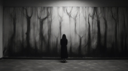 a woman stands in a dark space, captivated by a massive black and white painting. the ethereal trees depicted in the artwork create a conceptual and eerie atmosphere. the large-scale installation showcases the artist's talent for creating eerily realistic scenes using a monochromatic palette. the tenebrous ambiance adds to the overall haunting effect of the photo. ai generatedの素材