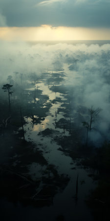 fog and clouds fill the sky, creating a captivating atmosphere in this aerial view photograph. the burnt and charred landscape of the mysterious jungle evokes a sense of environmental activism. the luminous reflections add a touch of ethereal beauty to the scene, captured with the hasselblad h6d-400c camera in the distinct style of tanbi kei. ai generatedの素材