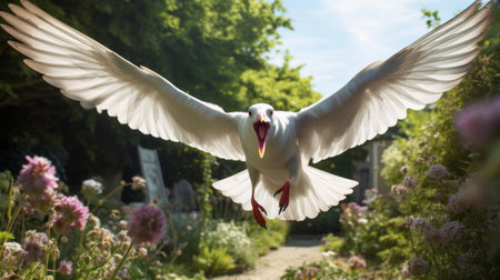 a gull gracefully soars through the air, its wings outstretched, above a picturesque landscape filled with vibrant flowers. this scene captures the essence of tranquil gardenscapes, reminiscent of the artistic style of alex prager and the pont-aven school. the photo was taken using a sony fe 12-24mm f/2.8 gm lens, showcasing the blink-and-you-miss-it details beautifully sculpted by elizabeth gadd. ai generatedの素材