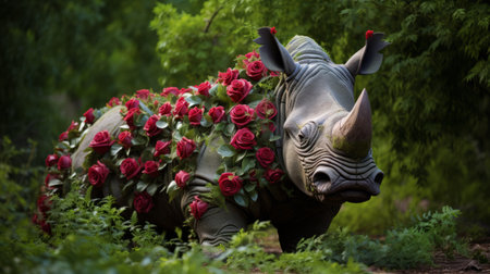 a rhino statue, made of flowers, has been constructed in the zoo in switzerland. this photo captures the artistry of the congo, with its organic form and textural richness. surrounded by roses, the statue resembles a photo-realistic still life, showcasing the creativity of fantasy creatures. this captivating image is reminiscent of an associated press photo, highlighting the beauty and uniqueness of this floral masterpiece. aiの素材